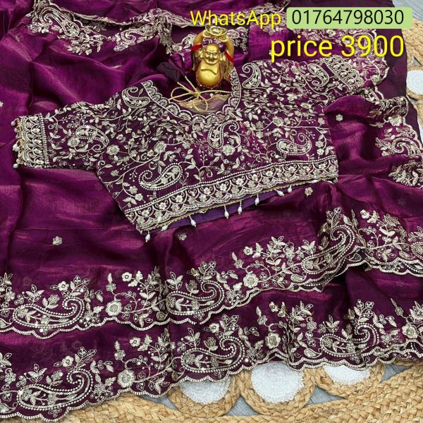 অরজিনাল জিম্মিচু কার্টওয়ার্ক এমব্রয়ডারি ও সিকুয়েন্স পার্টি শাড়ি