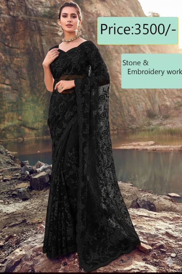 এক্সক্লুসিভ ইন্ডিয়ান জরজেট এমব্রয়ডারি কাজ ও স্টোনের কাজ করা শাড়ি