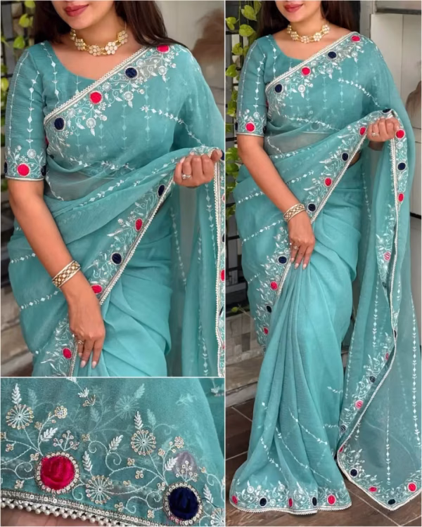 এক্সক্লুসিভ ইন্ডিয়ান মেহরুনা এমব্রয়ডারি ও সিকুয়েন্সের কাজ করা পার্টি শাড়ি