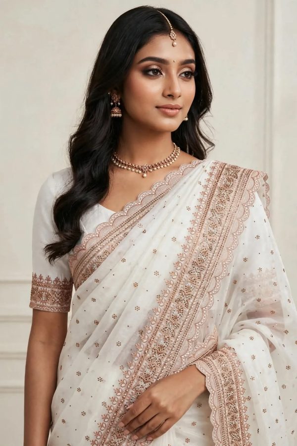 এক্সক্লুসিভ ইন্ডিয়ান সিল্ক এমব্রয়ডারি কাজ ও স্টোনের কাজ করা পার্টি শাড়ি